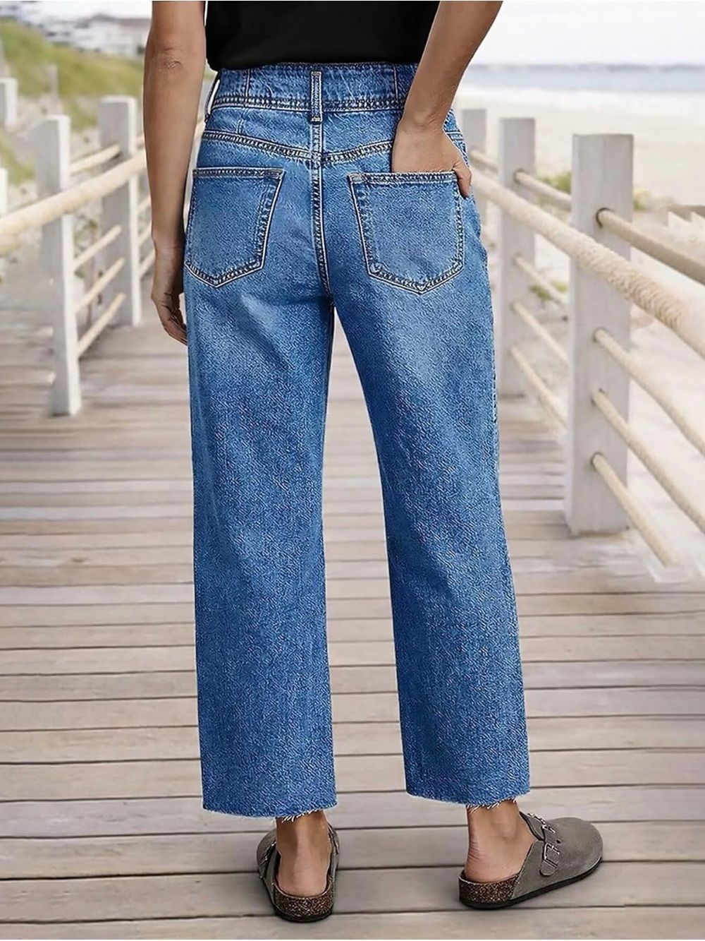 Flamingals Mid Waist Dual Button Raw Hem Straight Leg Cropped Jeans - Picture 5 of 9